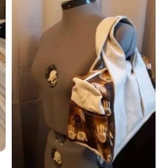 Hamsa Hands Boho vibe Purse Double handle Brown Pink print Ivory denim 12x8x5" - Picture 3 of 8